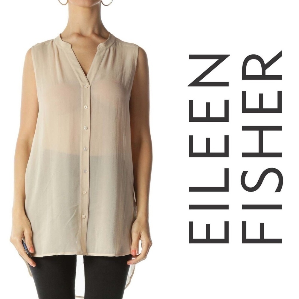 Eileen Fisher Womens Silk Sheer Sleeveless Button Down Blouse Beige Size M